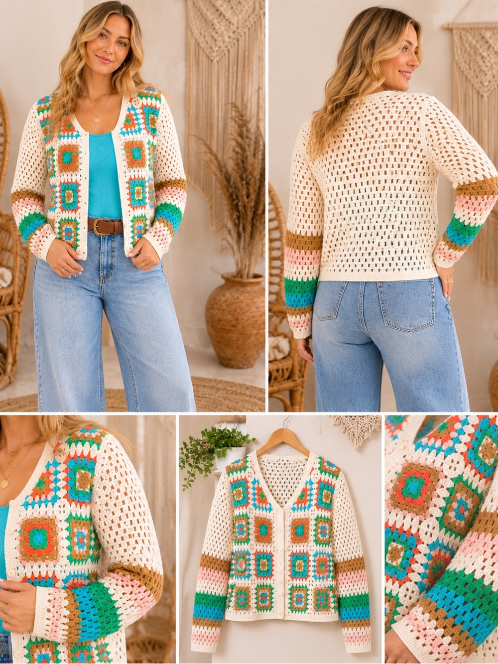Boho Crochet Granny Square Cardigan Sweater - Cream with Teal & Coral Accents